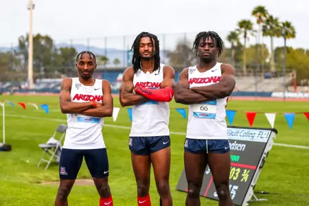 Trayvion White-Austin, Tyson Tippett, James Onanubosi - TUCSON, ARIZ. -- Track and Field during the Willie Williams Classic day 2 at
March 23, 2024.
Photo by Rebecca Sasnett / Arizona Athletics