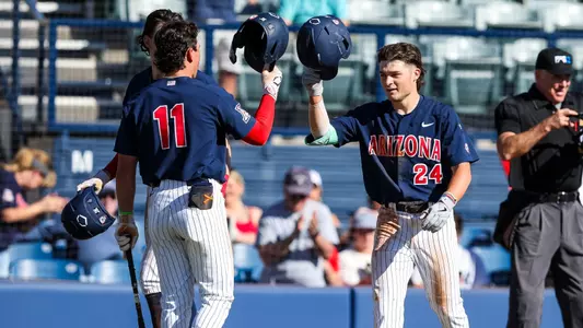 Emilio Corona (11), Mason White (24) - TUCSON, ARIZ. -- Baseball vs Utah Tech at Hi Corbett Field
Feb. 20, 2024.
Photo by Rebecca Sasnett / Arizona Athletics