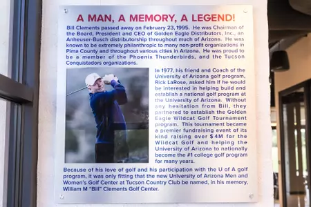 - TUCSON, ARIZ. -- Unveiling of the Bill Clements plaque inside the lobby of the William M. "Bill" Clements Golf Facility.
May 15, 2024.
Photo by Mike Christy / Arizona Athletics