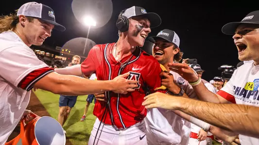 TJ Adams, Tommy Splaine, Anthony Susac, Jackson Kent - SCOTTSDALE, ARIZ. -- Baseball vs. USC in the 2024 Pac-12 Baseball Tournament Championship Game at Scottsdale Stadium.
May 25, 2024.
Photo by Mike Christy / Arizona Athletics