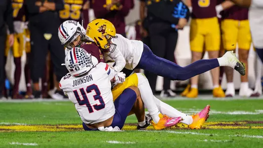 safety Dalton Johnson (43), cornerback Treydan Stukes (2) — TEMPE, ARIZ. -- Football vs. Arizona State University at Mountain America Stadium.
Nov. 28, 2025.
Photo by Marison Bilagody / Arizona Athletics