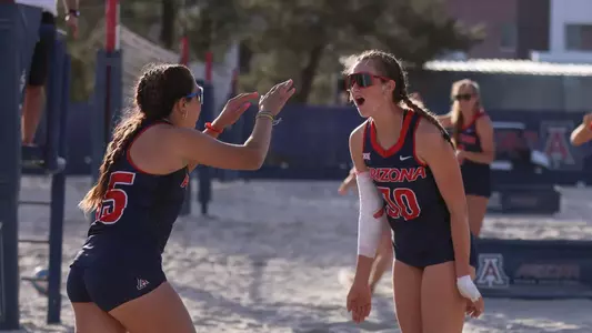 Kate Phillips (30), Adriana Nieves Papaleo (15) — TUCSON, ARIZ. -- Beach Volleyball vs. Boise State at Bear Down Beach.
March 1, 2025.
Photo by Sarah Rosewater / Arizona Athletics