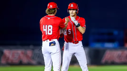 Mathis Meurant (5), Bradon Zastrow, undergraduate assistant - TUCSON, ARIZ. -- Baseball vs Seattle University at Hi Corbett Field
March 26, 2025.
Photo by Rebecca Sasnett / Arizona Athletics