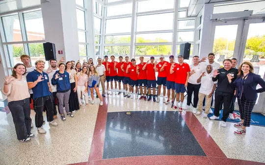 President Suresh Garimella, Desireé Reed-Francois — TUCSON, ARIZ. -- Reception and celebration for the first Big 12 Conference Champions in their sport at Hall of Champions.
May 12, 2025.
Photo by Mike Christy / Arizona Athletics