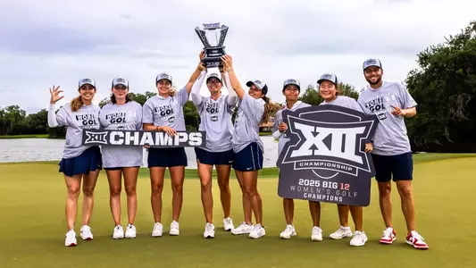 Giovana Maymon, head coach, Carolina Melgrati, Lilas Pinthier, Julia Misemer, Charlotte Back, Maria Cabanillas, Nena Wongthanavimok, Brady Campbell, assistant coach — HOCKLEY, TEXAS -- Women’s golf competes in the 2025 Big 12 Conference Women’s Golf Championships at The Clubs at Houston Oaks.
April 17, 2025.
Photo by Juan DeLeon
