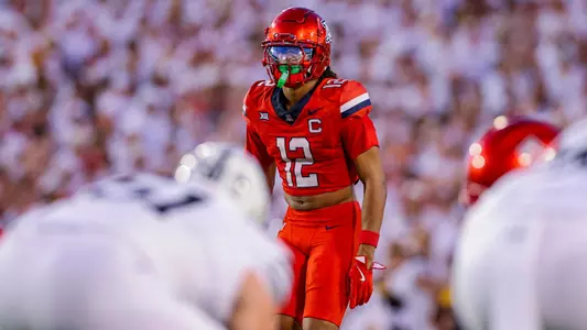 safety Genesis Smith (12) — AMES, IOWA -- Football vs. Iowa State University at Jack Trice Stadium.
Sept. 27, 2025.
Photo by Marison Bilagody / Arizona Athletics