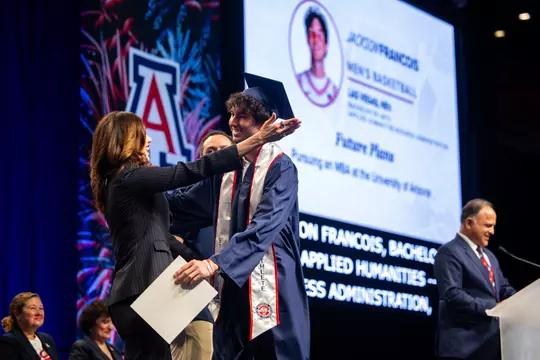 Jackson Francois, Desireé Reed-Francois — TUCSON, ARIZ. -- The 2026 Arizona Athletics Student-Athlete Commencement at McKale Center at ALKEME Arena.
May 13, 2026.
Photo by Mike Christy / Arizona Athletics