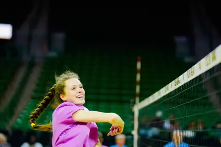 Mallory Talbert is all smiles during warmups.
