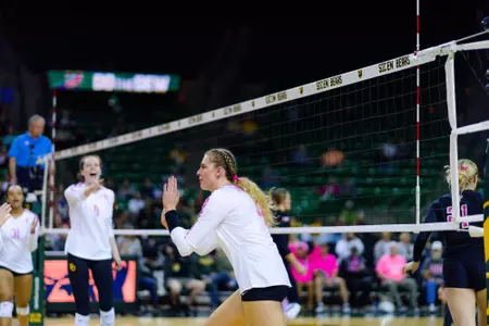 Allie Sczech celebrates a kill against Texas Tech.