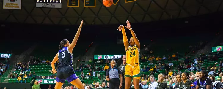 Sarah Andrews shoots a three against Kansas State