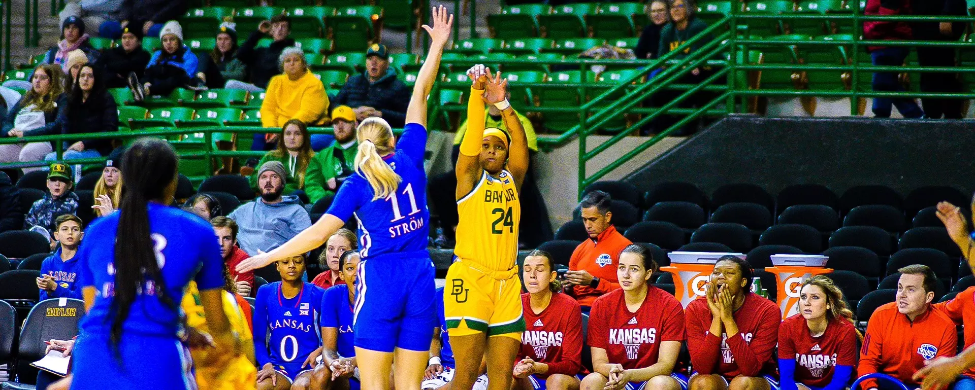 Sarah Andrews shoots the 3-pointer against Kansas