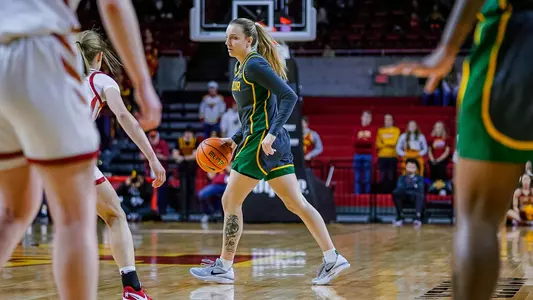 Denae Fritz works the floor against Iowa State