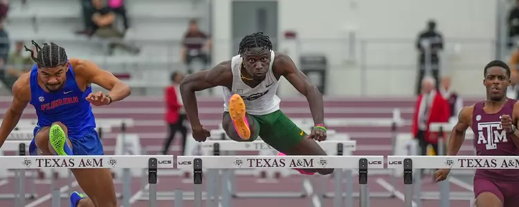 Demario Prince winning 60mH at McFerrin-12 Degree Invitational