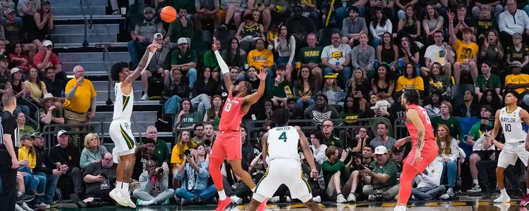 Jalen Bridges shoots a three against Houston