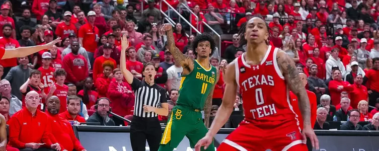 Jalen Bridges shoots a three at Texas Tech