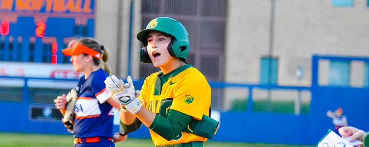 Ashlyn Wachtendorf celebrating after a hit against UTSA