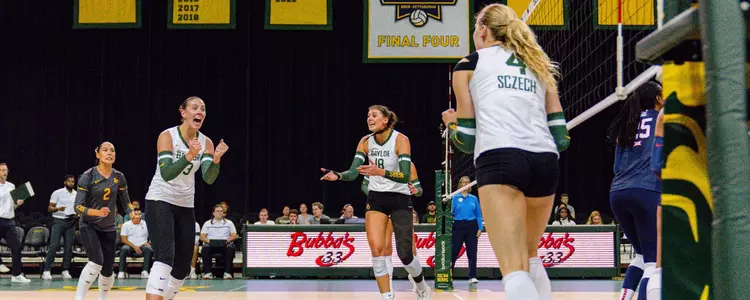 Jackie Barrett Frazier, Alicia Andrew and Allie Sczech celebrate against Arizona