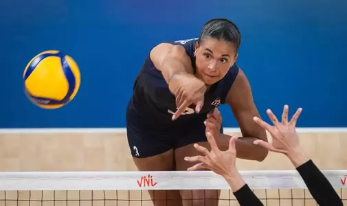 BU alumna Avery Skinner hits against Thailand in the 2025 VNL