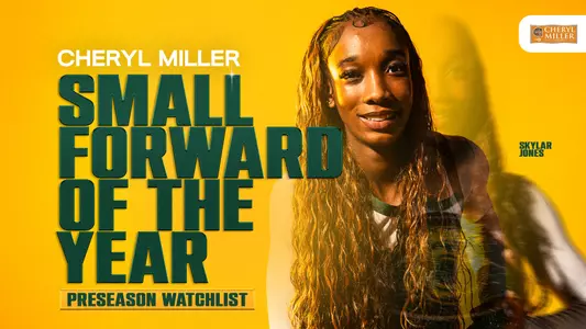 Graphic with a gold background featuring a smiling Skylar Jones with long, wavy braided hair, shown from the chest up in a green and white Baylor uniform, with a faint shadow image of her behind. Large green block text on the left reads “Small Forward of the Year,” topped by “Cheryl Miller” in white and followed by a “Preseason Watchlist” banner. The name “Skylar Jones” appears in small green text to the right of her, and the Cheryl Miller Award logo sits in the top right corner.