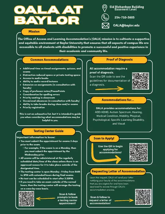 Infographic for Baylor University's Office of Access and Learning Accommodation (OALA). Includes the office mission, contact information (Sid Richardson Building basement level, 254-710-3605, OALA@baylor.edu), common student accommodations, testing center guidelines, eligible disability categories, and QR codes for documentation requirements, accommodation applications, testing appointments, and requesting accommodation letters.