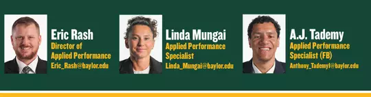 Applied performance staff graphic, including headshots for Eric Rash (Director of Applied Performance) with email eric_rash@baylor.edu, Linda Mungai (Applied Performance Specialist) with email linda_mungai@baylor.edu, and A.J. Tademy (Applied Performance Specialist for football) with email Anthony_Tademy1@baylor.edu on a green background