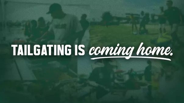 Graphic with photos of tailgating in the background with the words "Tailgating is coming home" on a Graphic