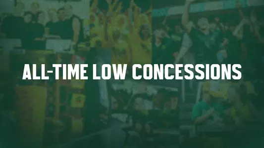 Graphic with "all-time low concessions" in white text over a green background with concessions and fan photos behind