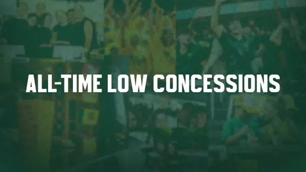 Graphic with "all-time low concessions" in white text over a green background with concessions and fan photos behind