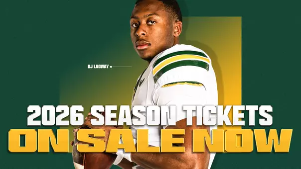 Graphic featuring a Baylor football player in uniform against a green and gold background with bold text reading “2026 Season Tickets On Sale Now.”