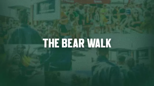 Graphic with a green overlay and blurred background of fans high fiving players and cheering, featuring bold white text that reads: “The Bear Walk”