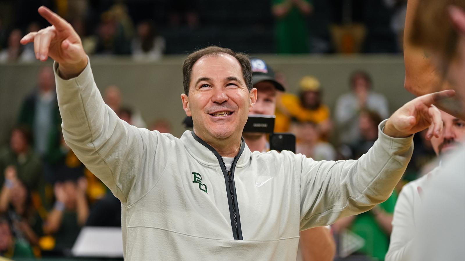 Head coach Scott Drew celebrating 500 career wins at Foster Pavilion