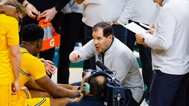 Head coach Scott Drew coaching at a timeout