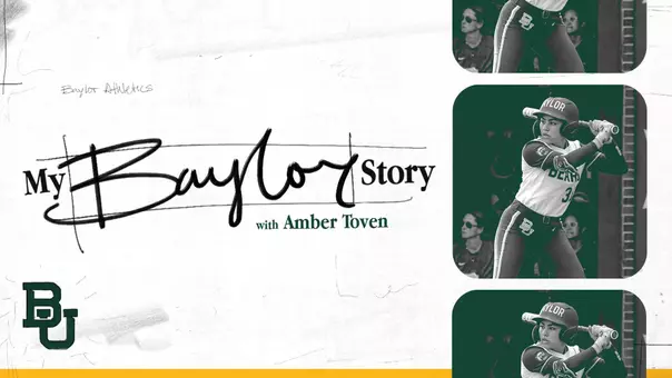 My Baylor Story Graphic with Amber Toven and a photo of Amber Toven playing softball