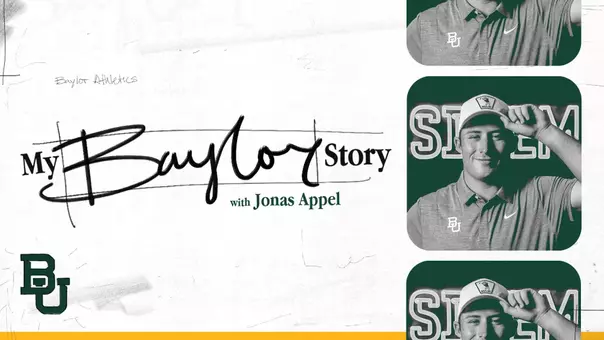 My Baylor Story graphic with Jonas Appel with a photo of Jonas; click to read story