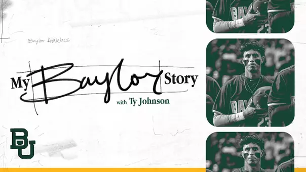 My Baylor Story with Ty Johnson with photo of Ty Johnson standing during the National Anthem
