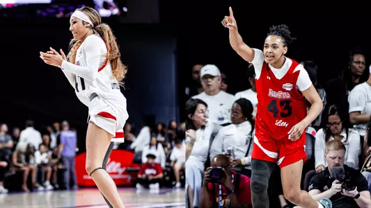 Darianna Littlepage-Buggs and Bella Fontleroy playing in 2026 Lilly Women's College All-Star Game in Phoenix