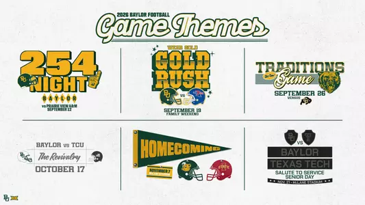 **Alt Text:** Graphic titled “2026 Baylor Football Game Themes” displaying six themed home football games. Top row: 254 Night vs. Prairie View A&M on September 12, Gold Rush (Wear Gold) vs. Louisiana Tech on September 19 during Family Weekend, and Traditions Game vs. Colorado on September 26. Bottom row: The Revivalry vs. TCU on October 17, Homecoming vs. Iowa State on November 7, and Salute to Service/Senior Day vs. Texas Tech on November 21. Design features Baylor green and gold branding, football helmets, Baylor marks, and themed illustrations for each game.