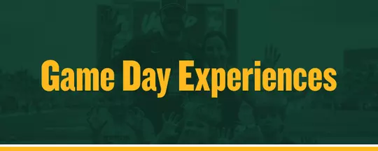 Web Header-Game Day Experiences text with photo of a family posing on the football field