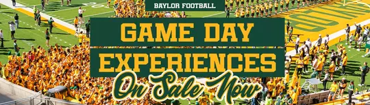 Baylor football game day experiences on sale now text on top of a photo of the football team running out of the tunnel