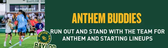 Anthem buddies sign-up graphic; text says "run out and stand with the team for anthem and starting lineups, must be between ages 6-12 years old"; read below for more info
