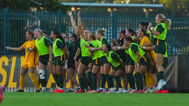 Soccer bench celebrates goal vs Texas A&M 2026