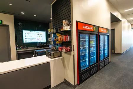 Nutrition station at Fudge Football Development Center with snacks, nutrition and drinks for football student-athletes