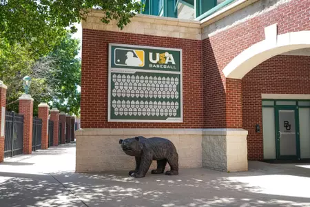 Still images of the Magnolia Field at Baylor Ballpark facility; signage and BU marks around the ballpark