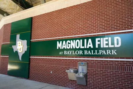 Still images of the Magnolia Field at Baylor Ballpark facility; signage and BU marks around the ballpark