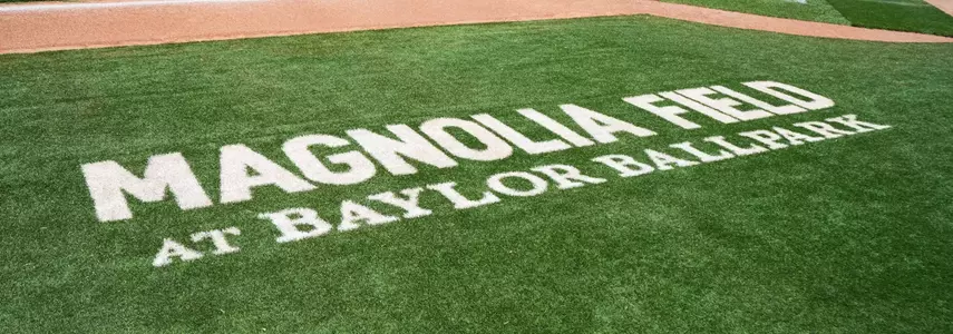 Still images of the Magnolia Field at Baylor Ballpark facility; signage and BU marks around the ballpark