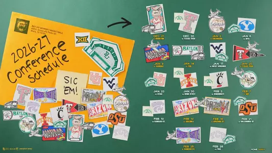 Graphic titled '2026-27 Conference Schedule' for Baylor Women's Basketball, styled as a yellow envelope addressed to Baylor Women's Basketball with a Big 12 logo and Sic 'Em! note, surrounded by hand-drawn team logo stickers. The full Big 12 schedule is listed on the right with team logos: Dec. 21 at Houston, Dec. 30 vs Texas Tech, Jan. 2 at Colorado, Jan. 6 vs BYU, Jan. 9 at Kansas, Jan. 14 at TCU, Jan. 17 vs West Virginia, Jan. 20 at Texas Tech, Jan. 23 vs Utah, Jan. 30 vs Iowa State, Feb. 3 vs Cincinnati, Feb. 7 at Central Florida, Feb. 10 vs Kansas St., Feb. 13 at Arizona, Feb. 16 at Arizona St., Feb. 21 vs Oklahoma St., Feb. 25 at Kansas St., and Feb. 28 vs TCU.