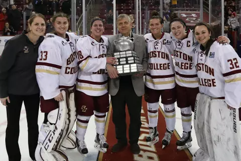 The Eagles are presented with the 2018 Beanpot Trophy