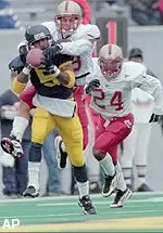West Virginia wide receiver <br>Antonio Brown pulls in<br> a pass as Boston College <br>defensive back Jonathan Ordway <br>defends during 35-10 loss, Sat.