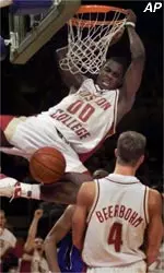 Uka Agbai dunks during BC's Big East Semifinal game against Seton Hall Friday. The Eagles won 75-48.