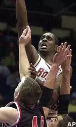 Uka Agbai nets 14 points against St. John's, Monday night.